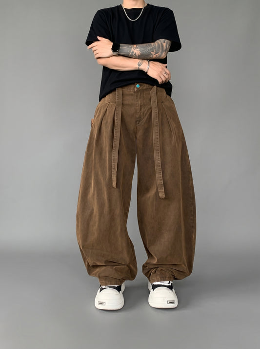 Washed Pleated Balloon Wide-Leg Denim Jeans with Strap Detail